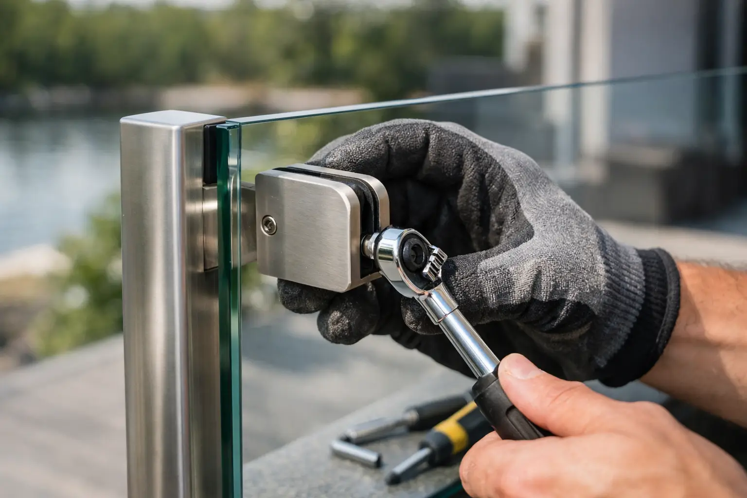 Installera glasklämma på glasräcke säkert